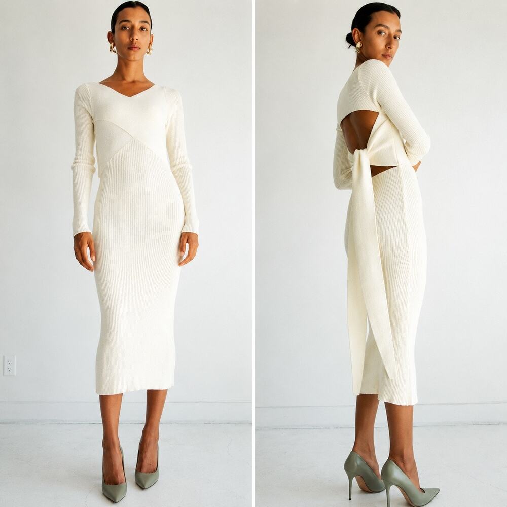 The Line by K Dani Dress Ivory Ribbed Open Back Midi Dress XS NWT
